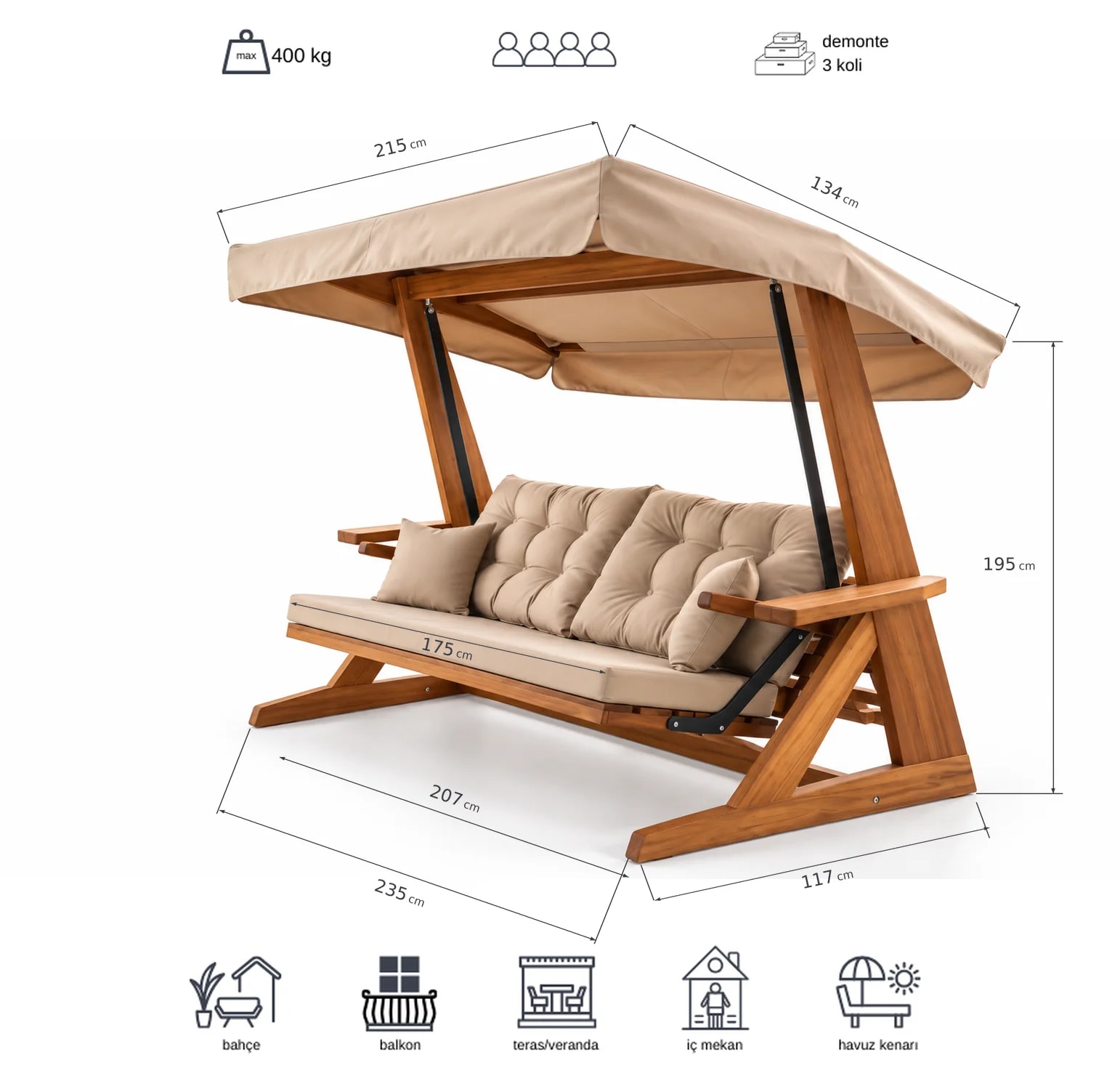 Mihenk 2400 — Kurulu ölçüler — tente 215 × 134 cm · taban 235 × 117 cm · yükseklik 195 cm · oturma genişliği 175 cm